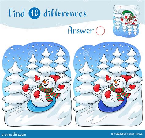 Snowman On Sled With Christmas Ts Find 10 Differences Stock Vector