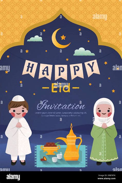 Happy Eid Invitation With Muslim People Preparing Iftar In Flat Design