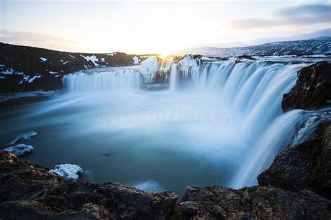 Godafoss Waterfall During Winter Sunset North Iceland Stock Image