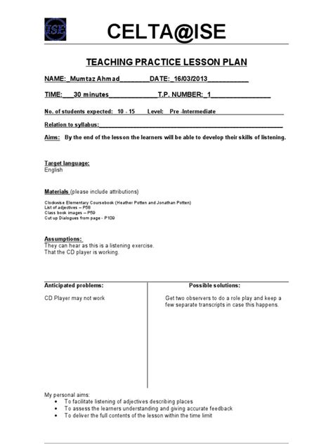 Celta Lesson Plan Tp 1 Lesson Plan Educational Assessment