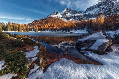 Winter Lake Snowy Mountain Landscape Hd Wallpaper Peakpx