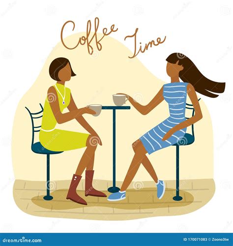 Two Girls Drinking Coffeevector Flat Illustration Stock Vector
