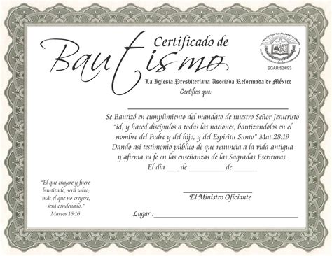 Certificado De Bautismo Iglesia Presbiteriana Asociada Reformada De