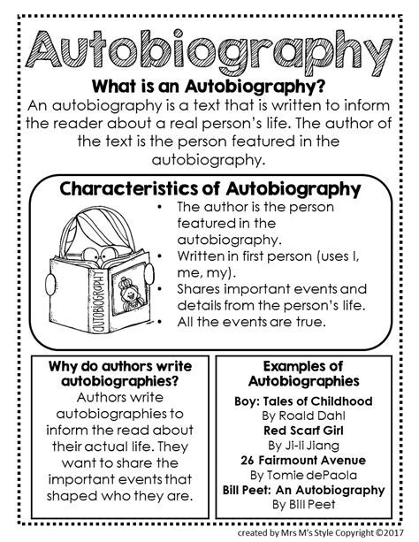 Autobiography Genre Anchor Chart Autobiographies For Kids