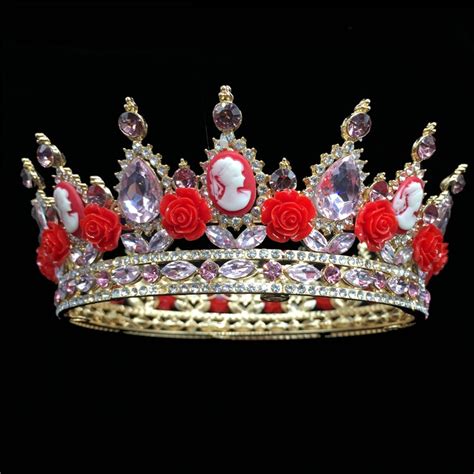 Elegant Queen King Bride Tiara Crown For Women Prom Red Flower Bridal