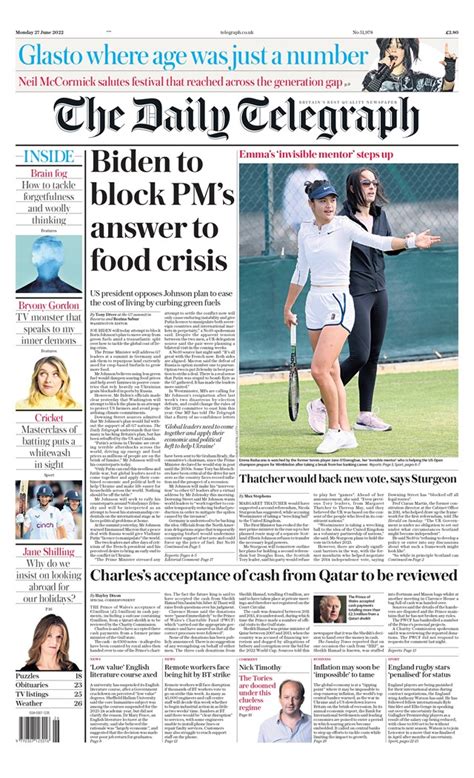 Daily Telegraph Front Page 27th Of June 2022 Tomorrow S Papers Today