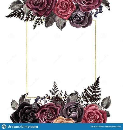Watercolor Red And Black Roses Golden Frame In Vintage