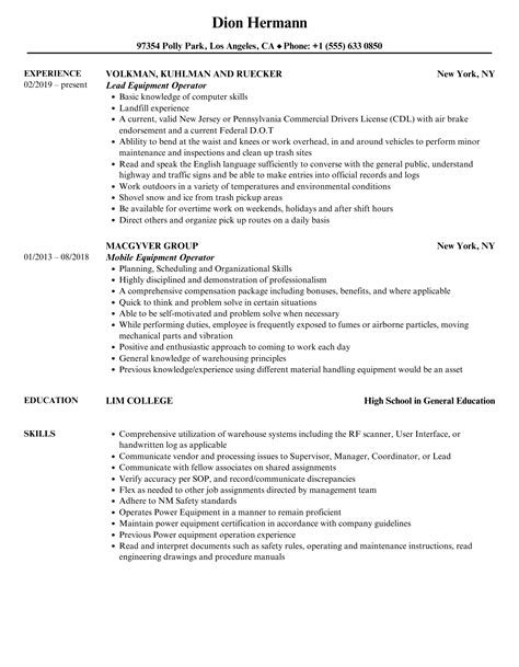 Equipment Operator Resume Samples | Velvet Jobs