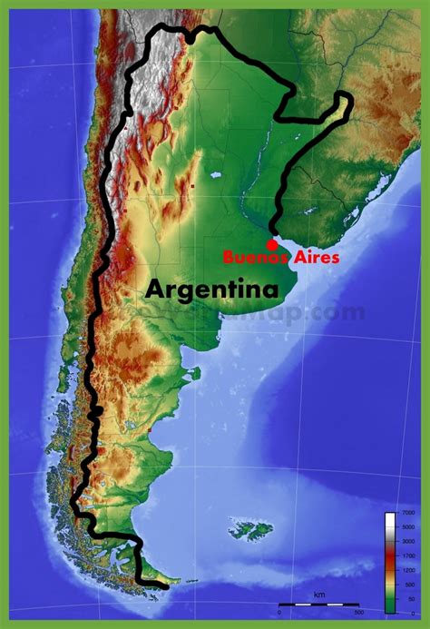 Search and share any place. Physical map of Argentina