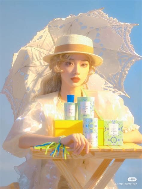 A Woman In A White Hat Holding An Umbrella And Various Items On A Table