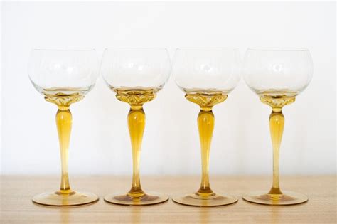 Retro Wine Glasses Orange Stem Set Of Four