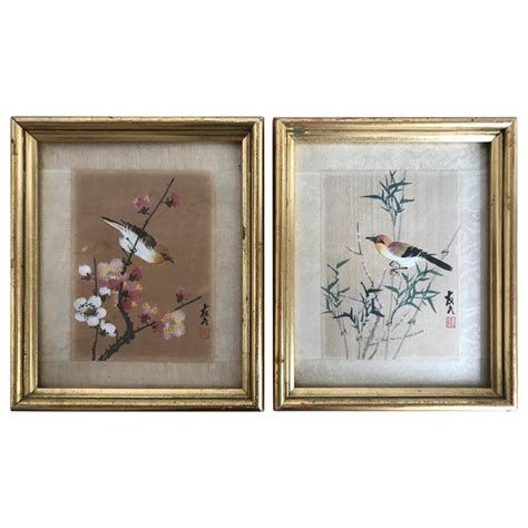 Pair Of Vintage Framed Japanese Paintings Of Birds On Silk At 1stdibs
