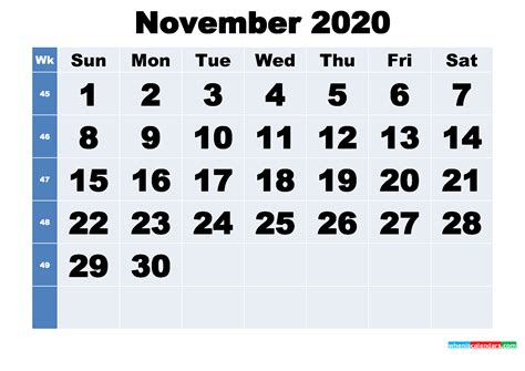 Free Printable November 2020 Calendar Template Word Pdf