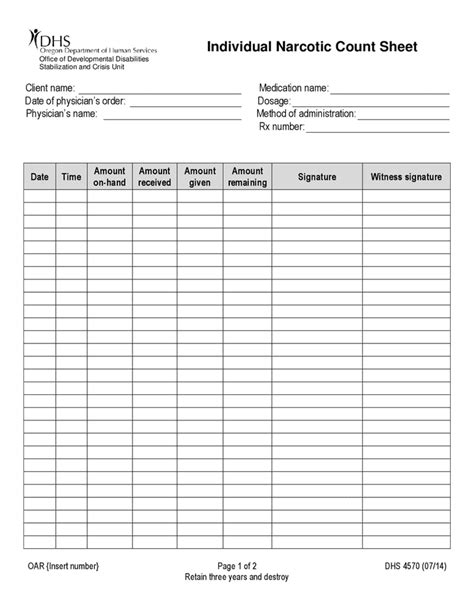 Individual Narcotic Count Sheet In Word And Pdf Formats