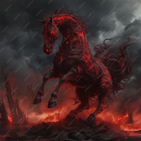 Premium Ai Image Beautiful Fiery Red Horse Rearing Burning Cloudy