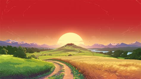 Download 1280x720 Wallpaper Landscape Sunset Orange Sky Pathway Art
