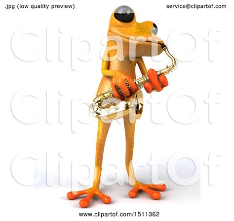 Clipart Of A 3d Yellow Frog Playing A Saxophone On A White Background