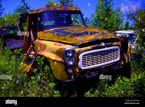 Old Abandoned Cars And Pickup Trucks In Wrecking Yard Stock Photo Alamy