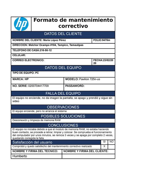 Formato De Mantenimiento Correctivo Formato De Mantenimiento