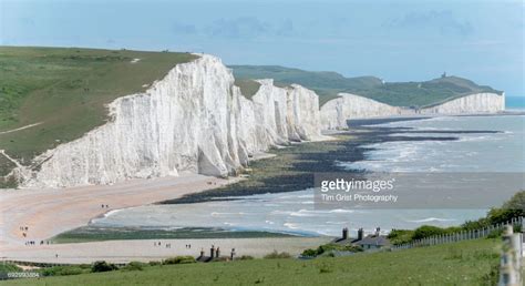 A Panoramic View Of The Seven Sisters Chalk Cliffs With Its Steep
