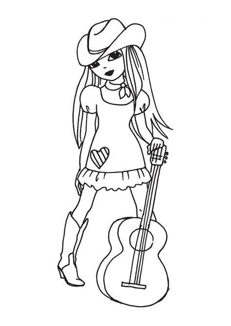 Guitar coloring page from music & musical instruments category. Awesome Cowgirl And Her Guitar Coloring Page : Kids Play Color