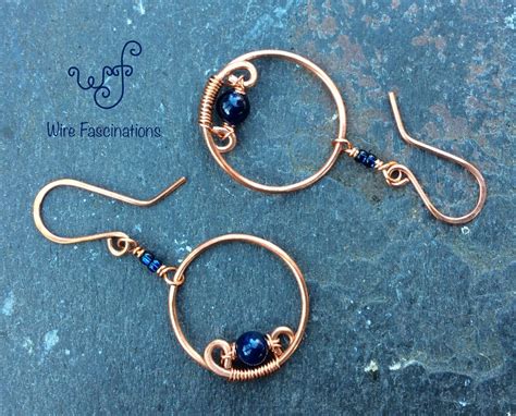 Handmade Copper Earrings Dangling Hoops With Wire Wrapped Blue Agate