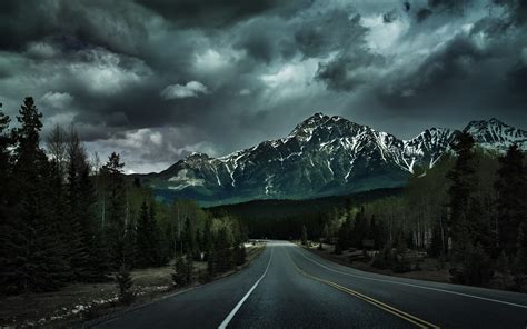 Nature Landscape Road Lines Clouds Canada Mountain Trees Forest