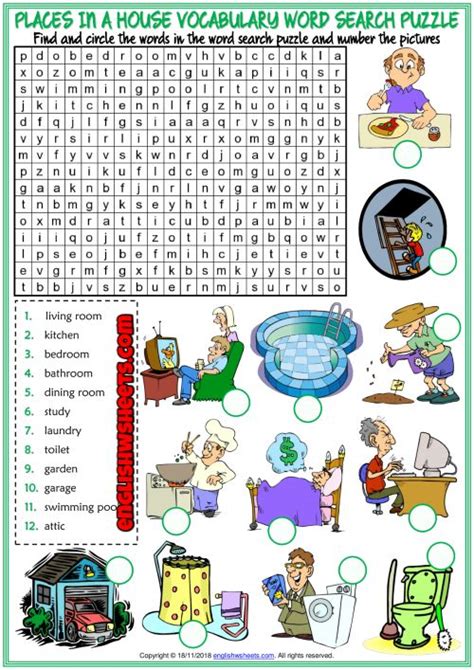 Places In A House Esl Word Search Puzzle Worksheet Vocabulary