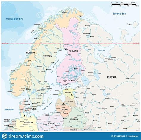Vector Map Of Northern Europe With Major Cities And Bodies Of Water