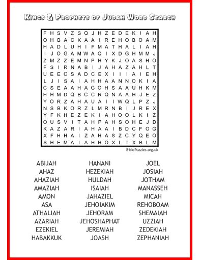 Kings And Prophets Of Judah Bible Word Search Puzzle