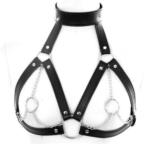 leather harness body bondage lingerie o ring metal chain women sexy goth bra club party dance