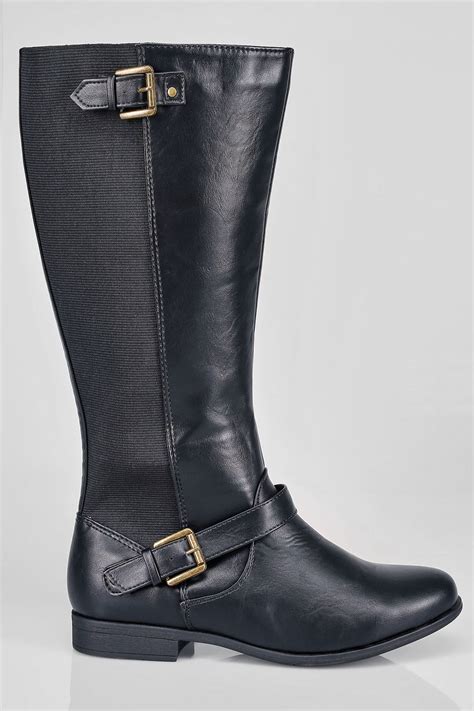 Black Knee High Riding Boots With Buckle Detail With Xl Calf Fitting In Eee Fit