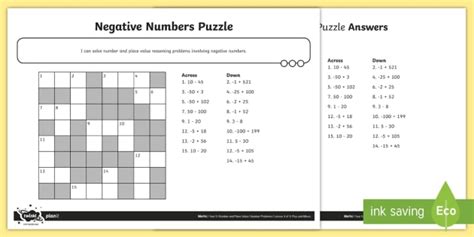 Negative Numbers Puzzle Worksheet