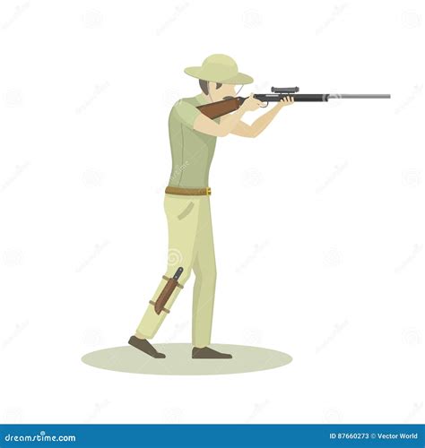 Cartoon Illustration Of Hunter Aiming Rifle Vector Character Stock