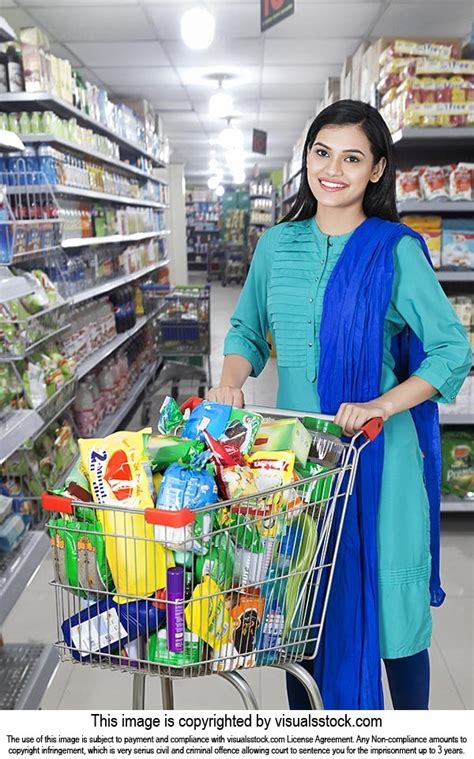 Indian Woman With Shopping Cart Full Dairy Grocery Supermarket