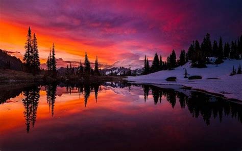 Lake Sunset Mountain Forest Sky Water Snow