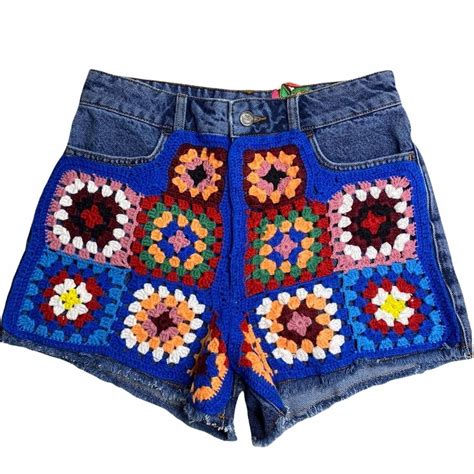 Nwt Anthropologie X Farm Rio Granny Square Crochet Denim Cutoffs Shorts