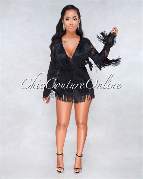 Chic Couture Online Salsa Black Lace Fringe Long Sleeves Romper