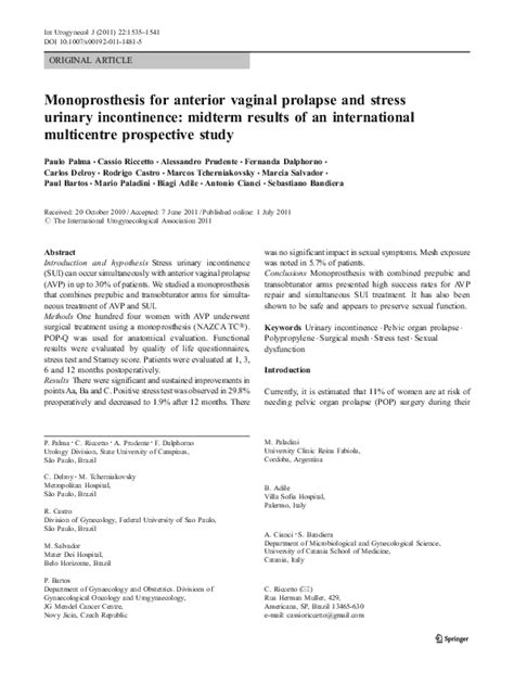 Pdf Monoprosthesis For Anterior Vaginal Prolapse And Stress Urinary Incontinence Midterm