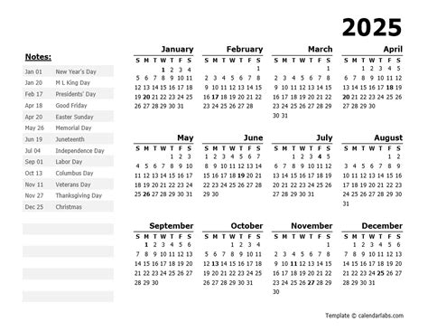 2025 Year Calendar Template With Us Holidays Free Printable Templates