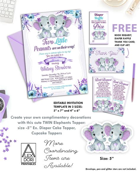 Twin Elephants Purple Turquoise Baby Shower Invitation Printable