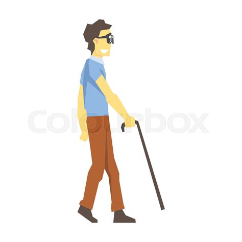 Blind Man Walking With Walking Stick Young Person With Disability