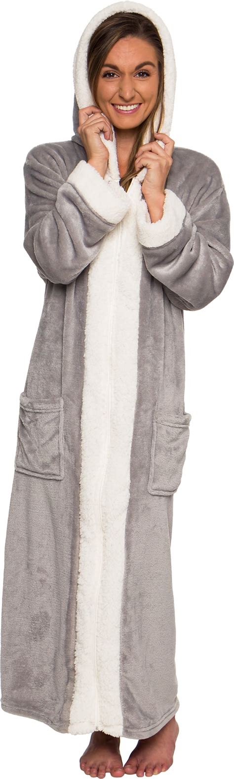 Silver Lilly Sherpa Trim Hooded Robe W Zipper Womens Full Length