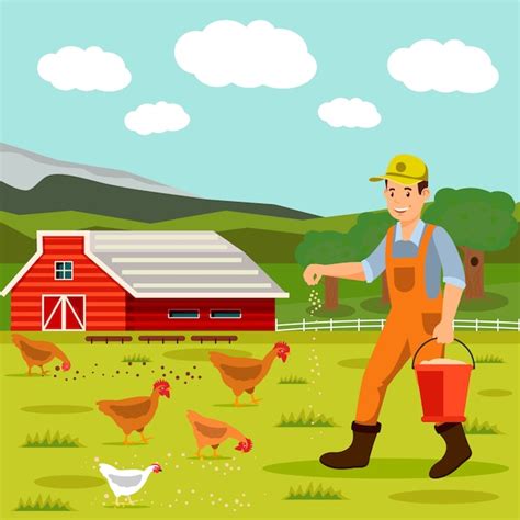 premium vector male farmer feeding chickens vector illustration