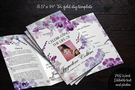 Purple Orchids Funeral Program Template Tri Fold Legal Size Template