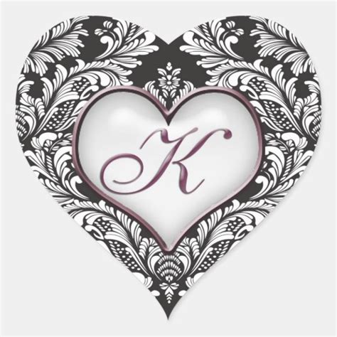 Black White Damask Heart Monogram Letter K Sticker