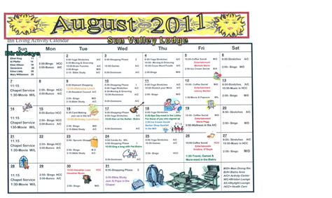 August Assisted Livingindpependent Living Activities Calendar