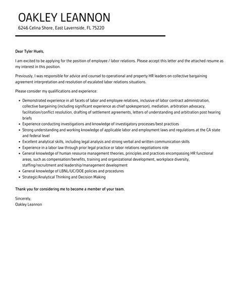 Employee Labor Relations Cover Letter Velvet Jobs