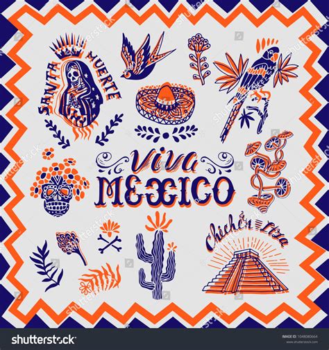 Vector Hand Drawn Card With National Symbols And Elements Of Mexican