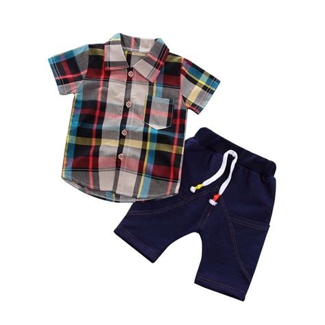 Baby Boy Clothes Set Summer Shirts Top Plaidpant Short Cotton Kid